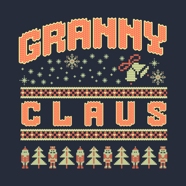 Fun Granny Claus knitted Christmas sweater pattern with snowflakes, Santa, and trees by DonWillisJrArt
