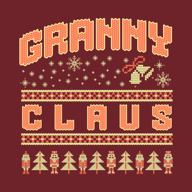 Fun Granny Claus knitted Christmas sweater pattern with snowflakes, Santa, and trees by DonWillisJrArt
