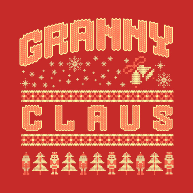 Fun Granny Claus knitted Christmas sweater pattern with snowflakes, Santa, and trees by DonWillisJrArt