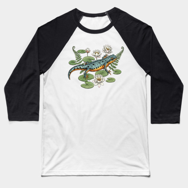 Alpine Newt and Water Lilies Art Baseball T-Shirt by BirdsnStuff