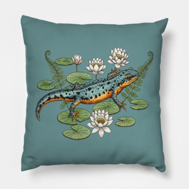 Alpine Newt and Water Lilies Art Pillow by BirdsnStuff
