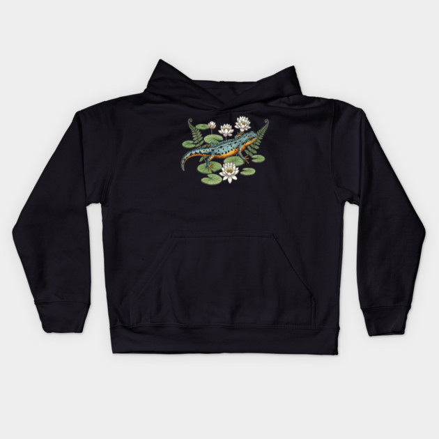 Alpine Newt and Water Lilies Art Kids Hoodie by BirdsnStuff