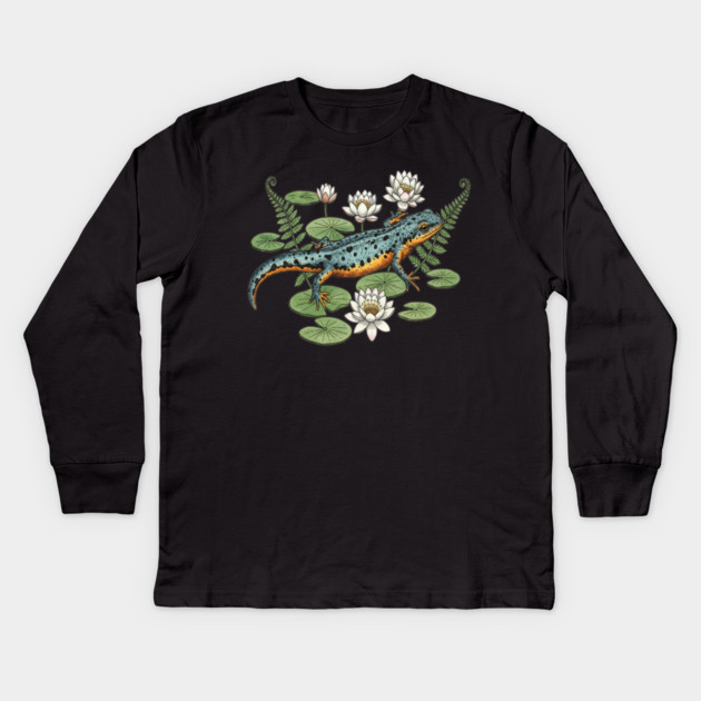 Alpine Newt and Water Lilies Art Kids Long Sleeve T-Shirt by BirdsnStuff