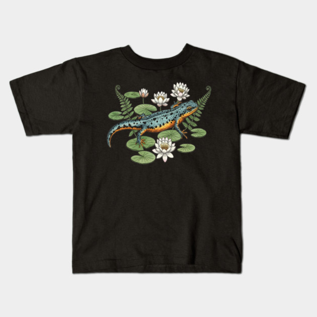Alpine Newt and Water Lilies Art Kids T-Shirt by BirdsnStuff