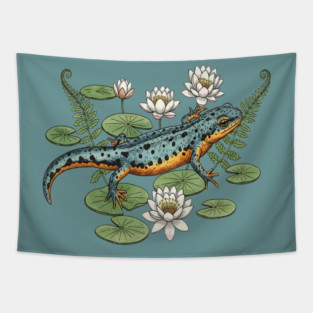 Alpine Newt and Water Lilies Art Tapestry
