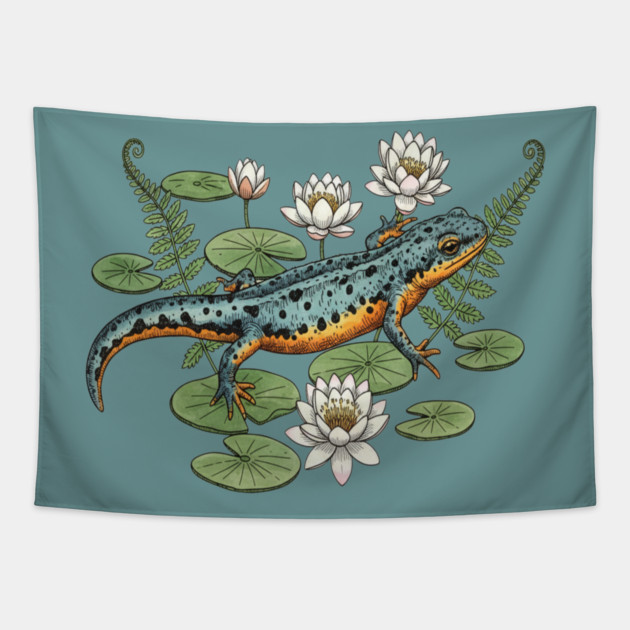 Alpine Newt and Water Lilies Art Tapestry by BirdsnStuff