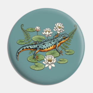 Alpine Newt and Water Lilies Art Pin