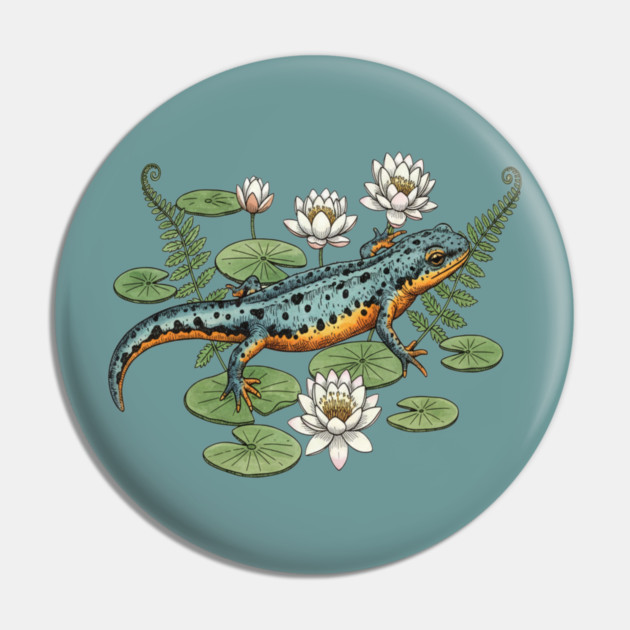 Alpine Newt and Water Lilies Art Pin by BirdsnStuff