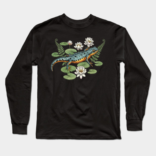 Alpine Newt and Water Lilies Art Long Sleeve T-Shirt by BirdsnStuff