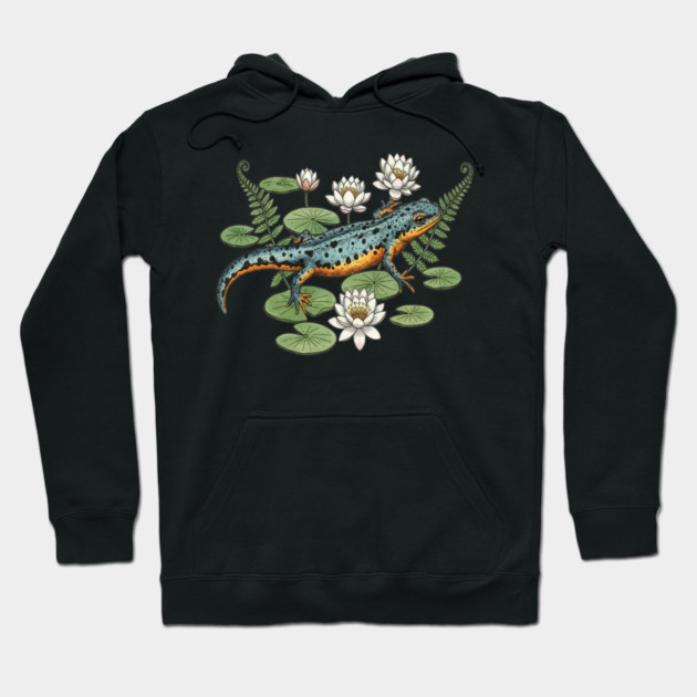 Alpine Newt and Water Lilies Art Hoodie by BirdsnStuff