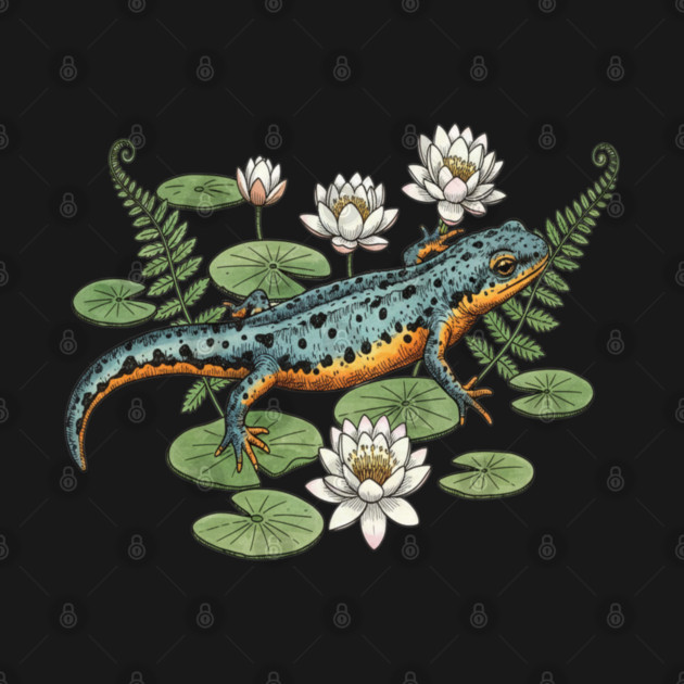 Alpine Newt and Water Lilies Art by BirdsnStuff