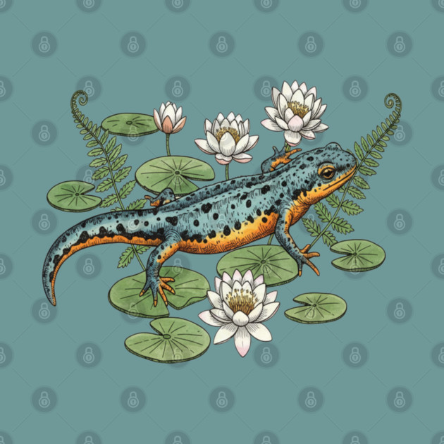 Alpine Newt and Water Lilies Art by BirdsnStuff