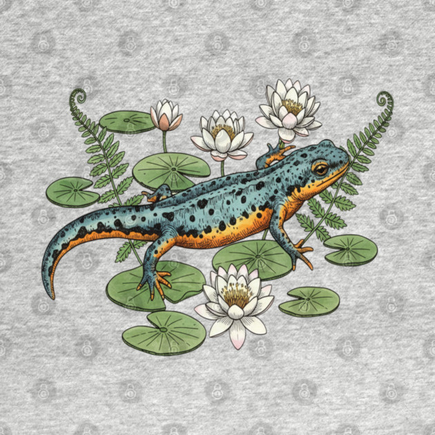 Alpine Newt and Water Lilies Art by BirdsnStuff