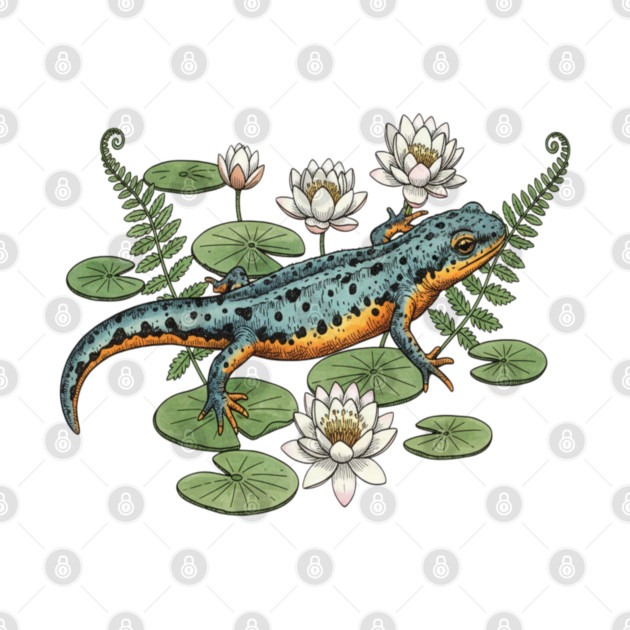 Alpine Newt and Water Lilies Art by BirdsnStuff