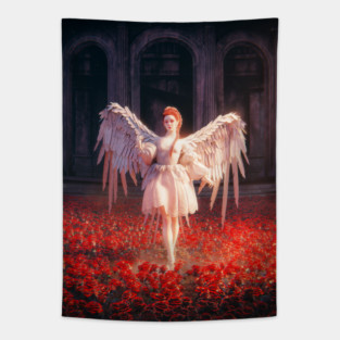 Angel in a Field of Red Roses | Dark Fantasy Seraphim Tapestry