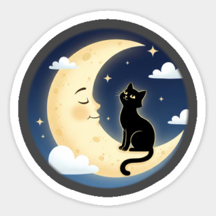 Black Cat on Smiling Crescent Moon Sticker