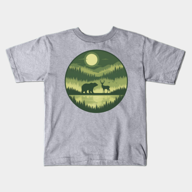 Forest Wildlife Circle Silhouette Kids T-Shirt by ArtistTee ⭐⭐⭐⭐⭐