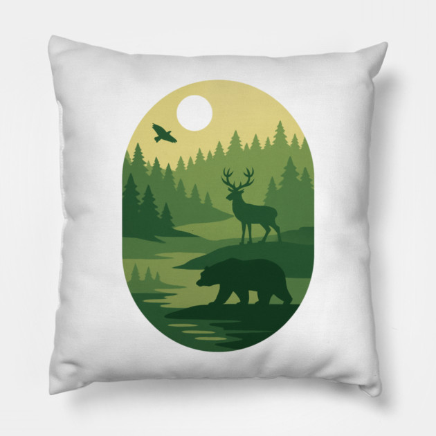Retro-Forest-Nature-Wildlife-Outdoor-Scene Pillow by ArtistTee ⭐⭐⭐⭐⭐