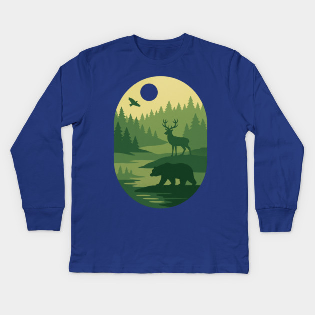 Retro-Forest-Nature-Wildlife-Outdoor-Scene Kids Long Sleeve T-Shirt by ArtistTee ⭐⭐⭐⭐⭐
