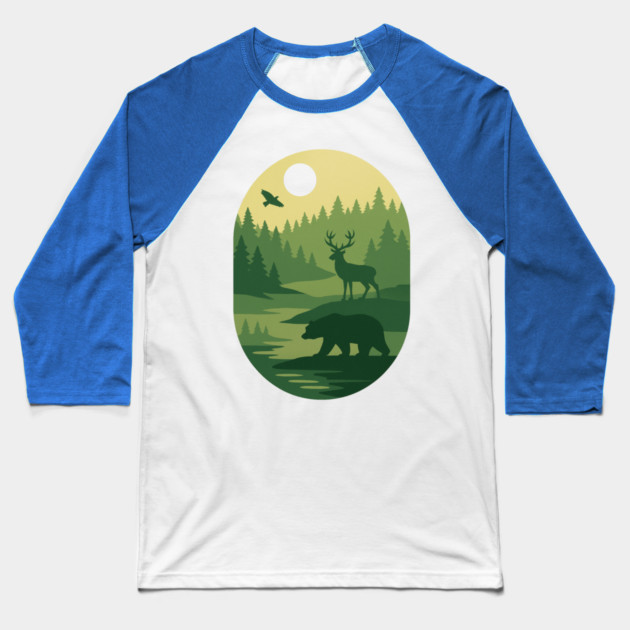 Retro-Forest-Nature-Wildlife-Outdoor-Scene Baseball T-Shirt by ArtistTee ⭐⭐⭐⭐⭐