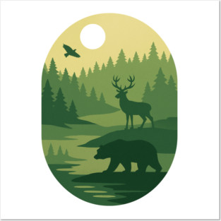 Retro-Forest-Nature-Wildlife-Outdoor-Scene Posters and Art