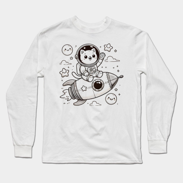 Astronaut Cat on Rocket – Cute Space Adventure Long Sleeve T-Shirt by Champanie's Store