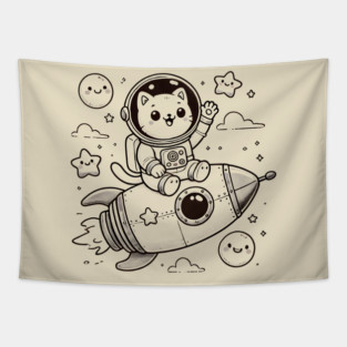 Astronaut Cat on Rocket – Cute Space Adventure Tapestry