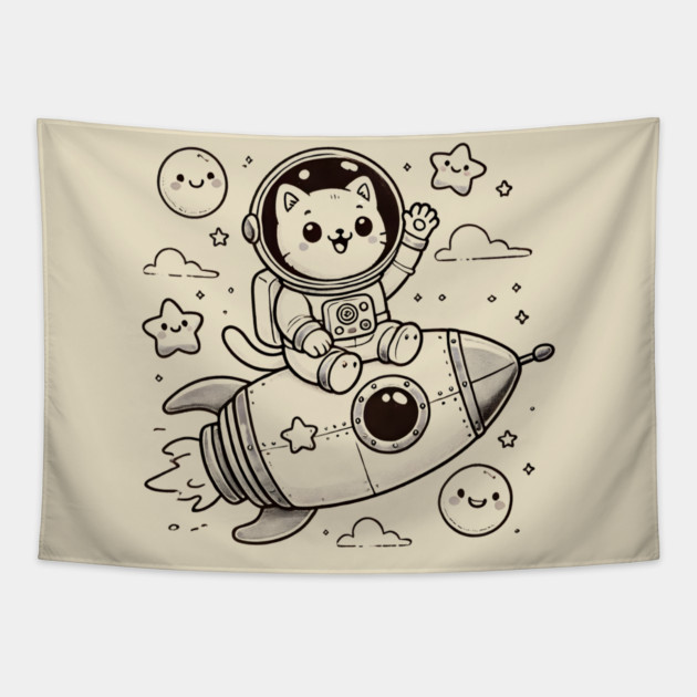 Astronaut Cat on Rocket – Cute Space Adventure Tapestry by Champanie's Store
