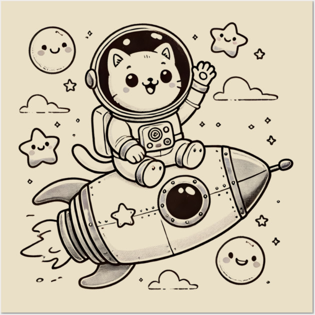Astronaut Cat on Rocket – Cute Space Adventure Wall Art by Champanie's Store