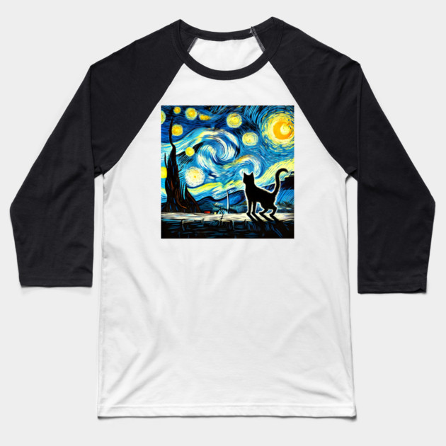 Starry Night Cat – Van Gogh-Inspired Baseball T-Shirt by Champanie's Store