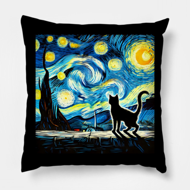Starry Night Cat – Van Gogh-Inspired Pillow by Champanie's Store