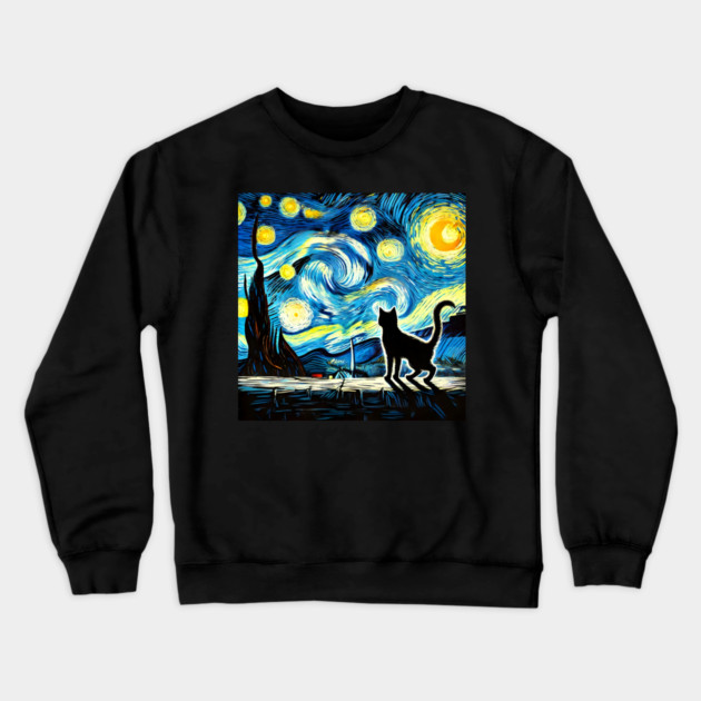 Starry Night Cat – Van Gogh-Inspired Crewneck Sweatshirt by Champanie's Store