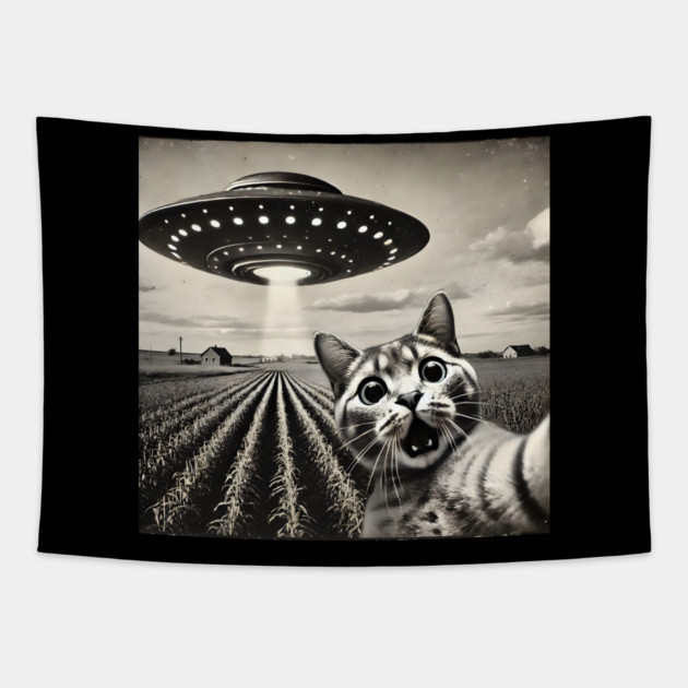 Funny UFO Cat Selfie Tapestry by Champanie's Store