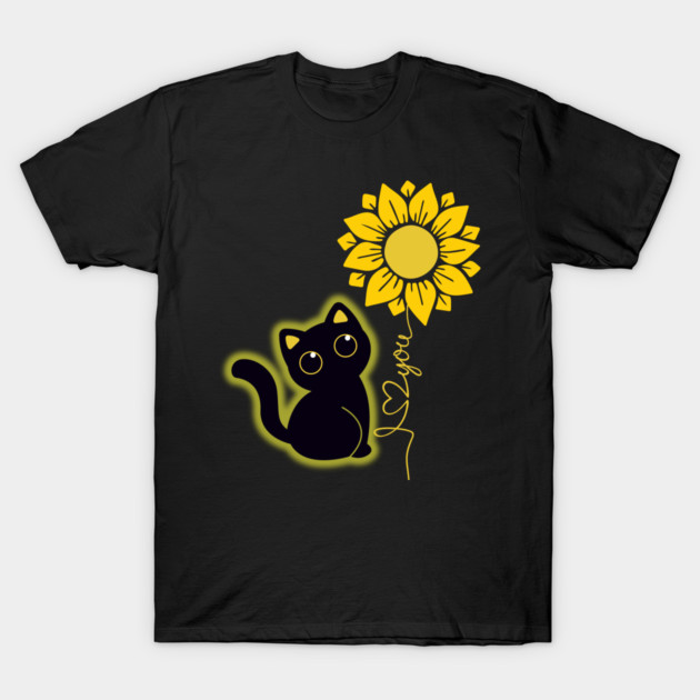 Black Cat & Sunflower T-Shirt by Champanie's Store
