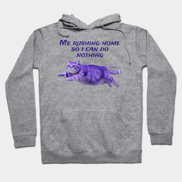 Funny Purple Cat Rushing Home to Do Nothing at All Hoodie by Luxinda
