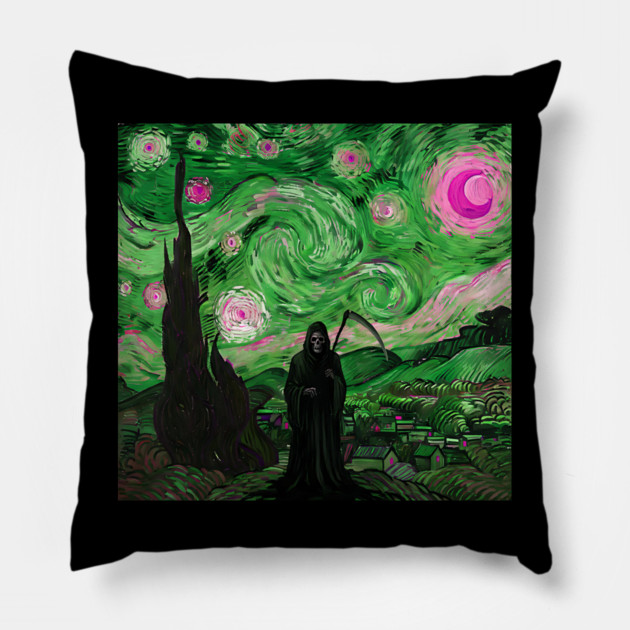 Grim Reaper's Distorted Starry Night Van Gogh Greens and Pinks Aesthetic Pillow by Luxinda