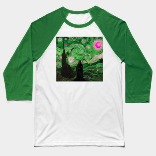 Grim Reaper's Distorted Starry Night Van Gogh Greens and Pinks Aesthetic Baseball T-Shirt
