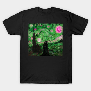 Grim Reaper's Distorted Starry Night Van Gogh Greens and Pinks Aesthetic T-Shirt