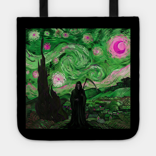 Grim Reaper's Distorted Starry Night Van Gogh Greens and Pinks Aesthetic Tote by Luxinda