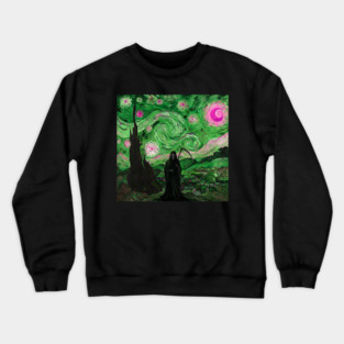 Grim Reaper's Distorted Starry Night Van Gogh Greens and Pinks Aesthetic Crewneck Sweatshirt
