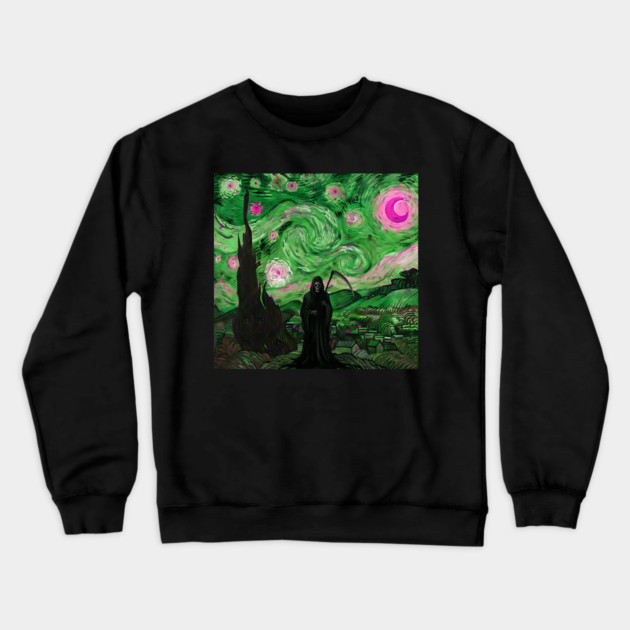 Grim Reaper's Distorted Starry Night Van Gogh Greens and Pinks Aesthetic Crewneck Sweatshirt by Luxinda
