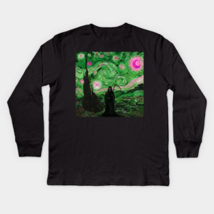 Grim Reaper's Distorted Starry Night Van Gogh Greens and Pinks Aesthetic Kids Long Sleeve T-Shirt