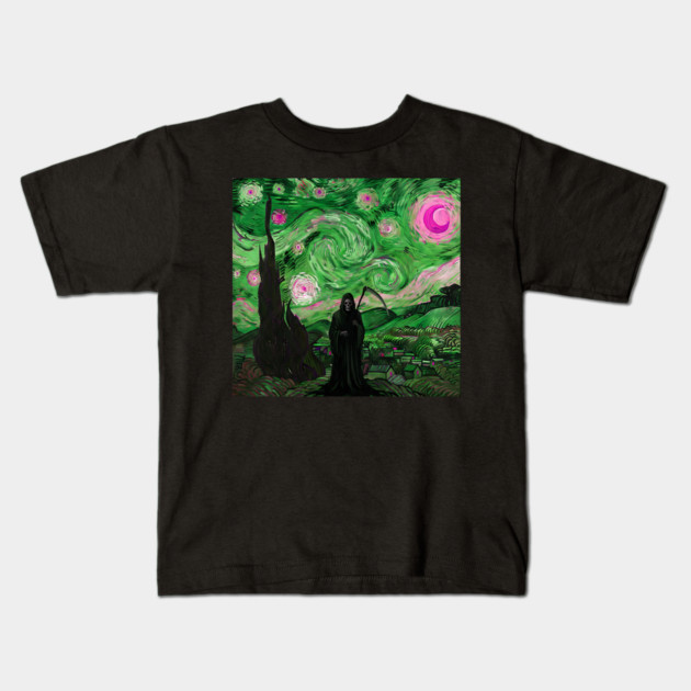 Grim Reaper's Distorted Starry Night Van Gogh Greens and Pinks Aesthetic Kids T-Shirt by Luxinda