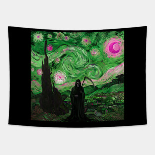 Grim Reaper's Distorted Starry Night Van Gogh Greens and Pinks Aesthetic Tapestry