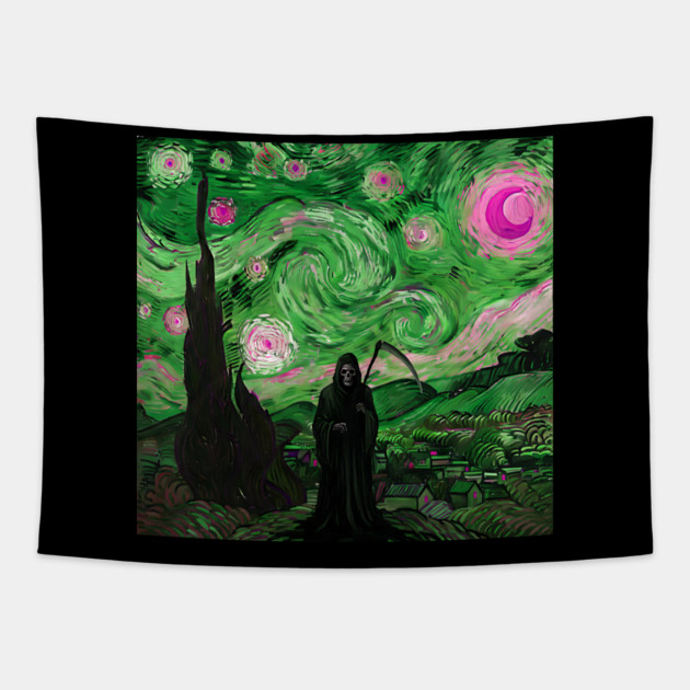 Grim Reaper's Distorted Starry Night Van Gogh Greens and Pinks Aesthetic Tapestry by Luxinda