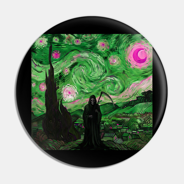 Grim Reaper's Distorted Starry Night Van Gogh Greens and Pinks Aesthetic Pin by Luxinda
