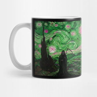 Grim Reaper's Distorted Starry Night Van Gogh Greens and Pinks Aesthetic Mug