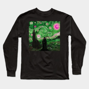 Grim Reaper's Distorted Starry Night Van Gogh Greens and Pinks Aesthetic Long Sleeve T-Shirt