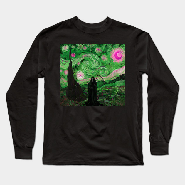 Grim Reaper's Distorted Starry Night Van Gogh Greens and Pinks Aesthetic Long Sleeve T-Shirt by Luxinda