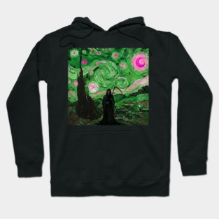 Grim Reaper's Distorted Starry Night Van Gogh Greens and Pinks Aesthetic Hoodie